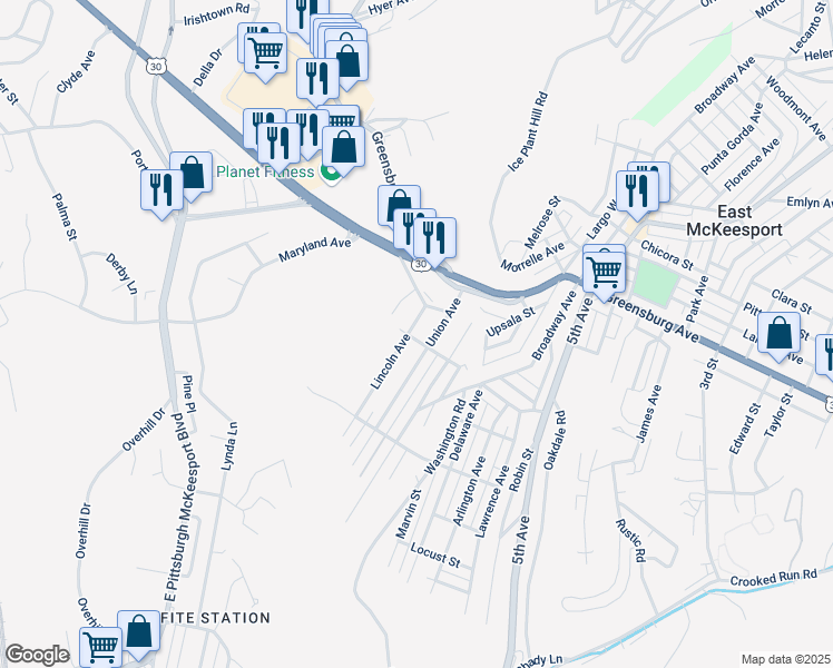 map of restaurants, bars, coffee shops, grocery stores, and more near 92 Union Avenue in North Versailles