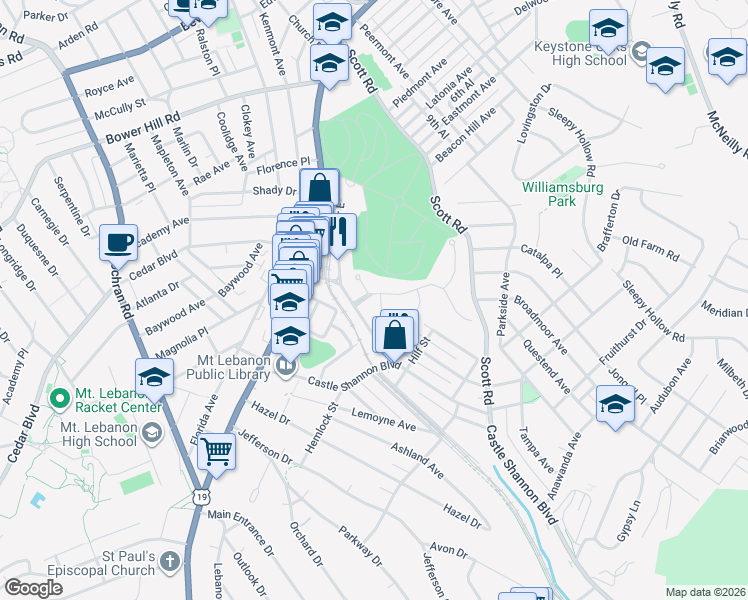 map of restaurants, bars, coffee shops, grocery stores, and more near 200 Merion Drive in Pittsburgh