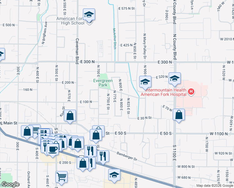 map of restaurants, bars, coffee shops, grocery stores, and more near 775 Fleming Drive in American Fork