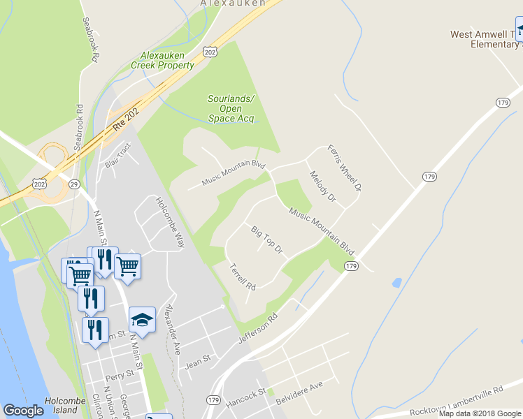 map of restaurants, bars, coffee shops, grocery stores, and more near 36 Terrell Rd in Lambertville