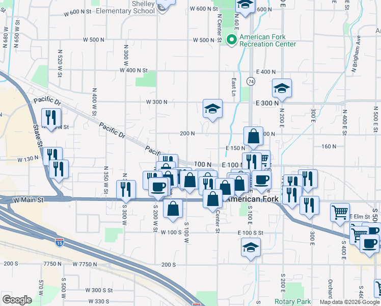 map of restaurants, bars, coffee shops, grocery stores, and more near 130 North 100 West in American Fork