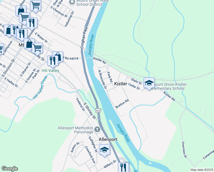 map of restaurants, bars, coffee shops, grocery stores, and more near 45 North Riverside Drive in Mount Union