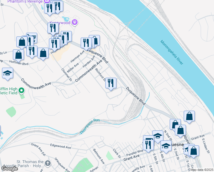 map of restaurants, bars, coffee shops, grocery stores, and more near 705 Richford Street in Duquesne