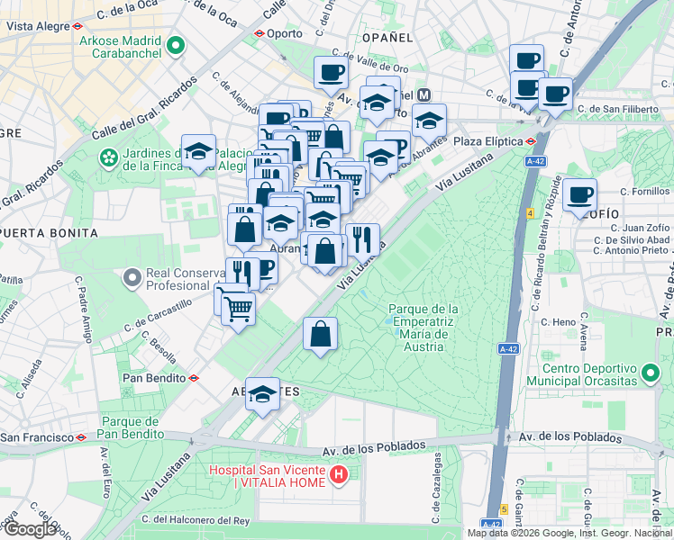 map of restaurants, bars, coffee shops, grocery stores, and more near 68 Vía Lusitana in Madrid