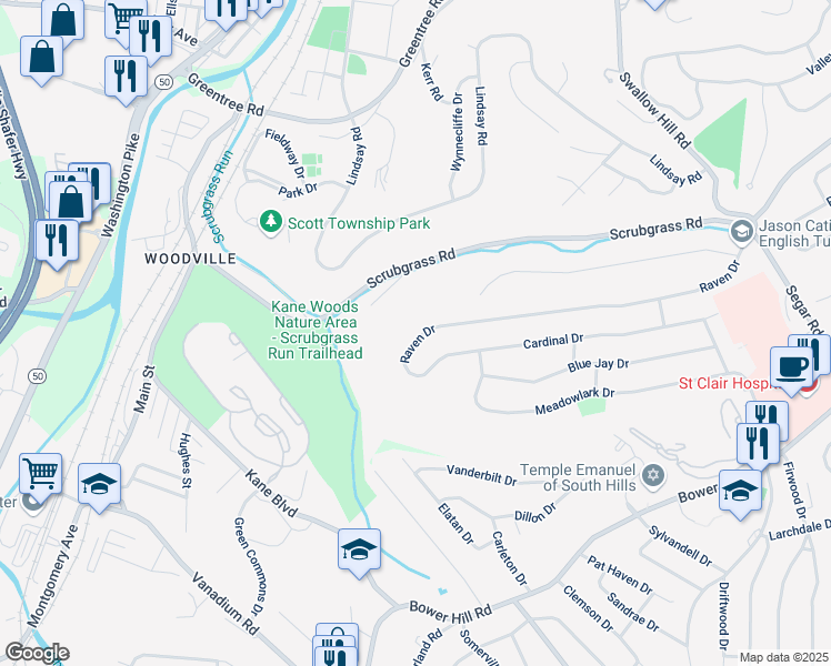 map of restaurants, bars, coffee shops, grocery stores, and more near 1414 Raven Drive in Pittsburgh
