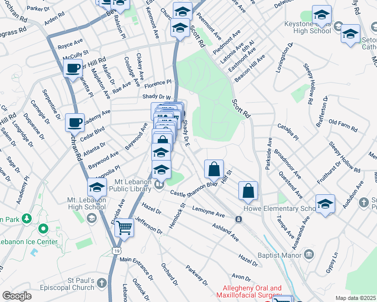 map of restaurants, bars, coffee shops, grocery stores, and more near 714 Shady Drive East in Pittsburgh