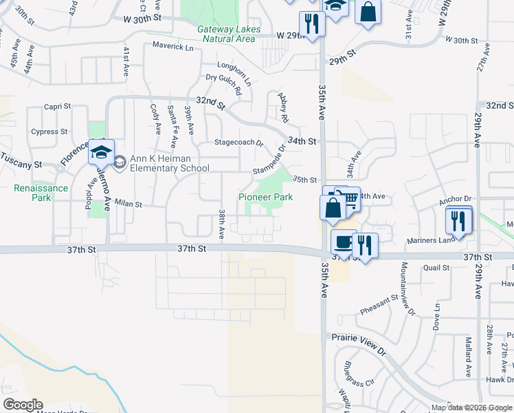map of restaurants, bars, coffee shops, grocery stores, and more near 3601 Ponderosa Court in Evans