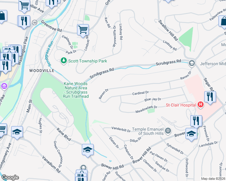 map of restaurants, bars, coffee shops, grocery stores, and more near 1383 Raven Drive in Pittsburgh
