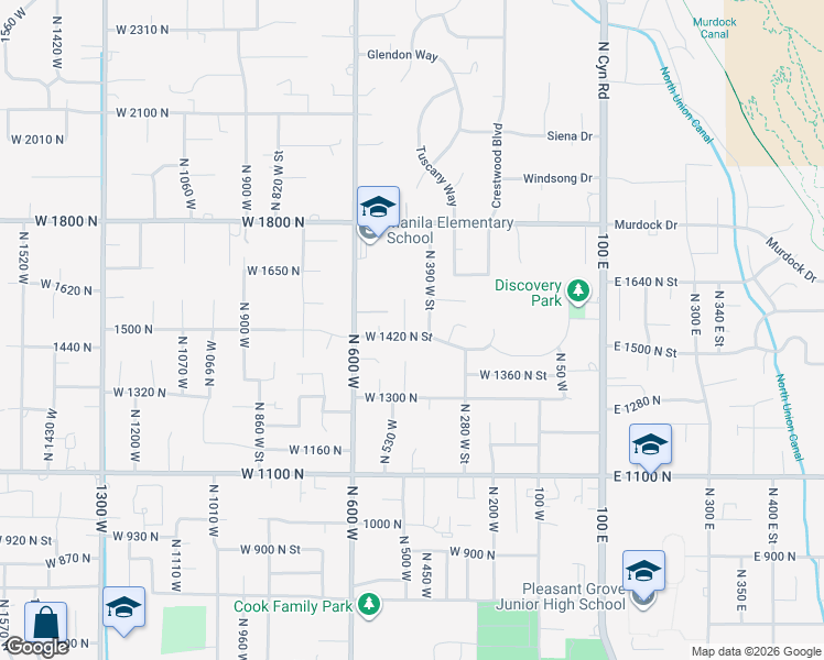 map of restaurants, bars, coffee shops, grocery stores, and more near 446 West 1420 North Street in Pleasant Grove