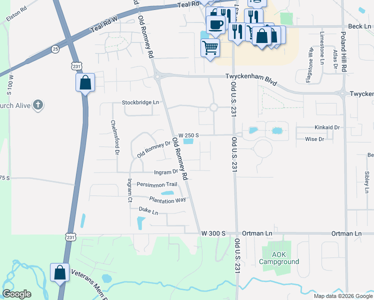 map of restaurants, bars, coffee shops, grocery stores, and more near 3241 Old Romney Rd in Lafayette