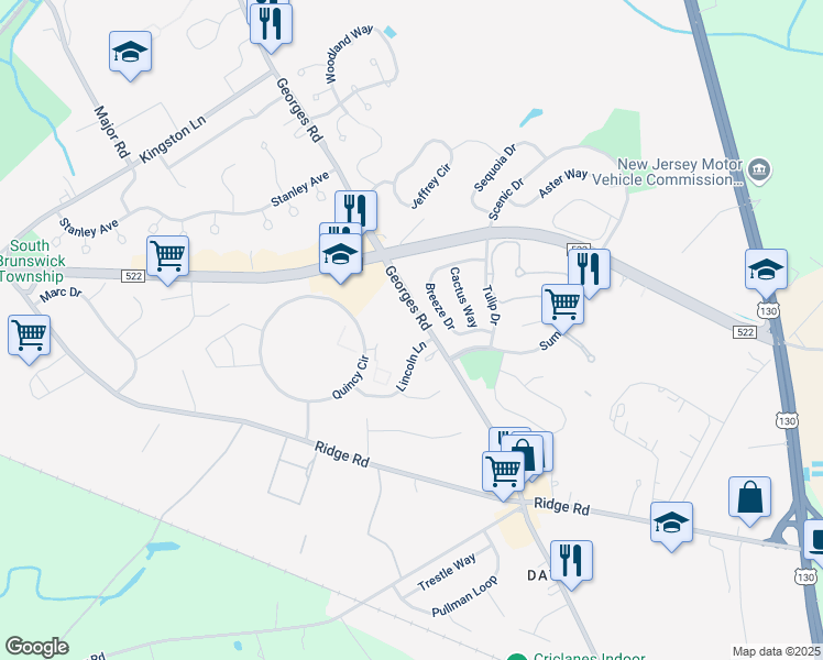 map of restaurants, bars, coffee shops, grocery stores, and more near B1 Georges Road in South Brunswick Township