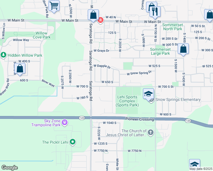 map of restaurants, bars, coffee shops, grocery stores, and more near 9250 West 8170 North Street in Lehi