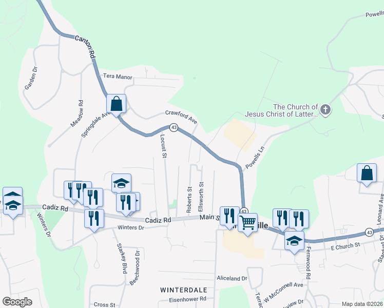 map of restaurants, bars, coffee shops, grocery stores, and more near 130 Forest Street in Steubenville