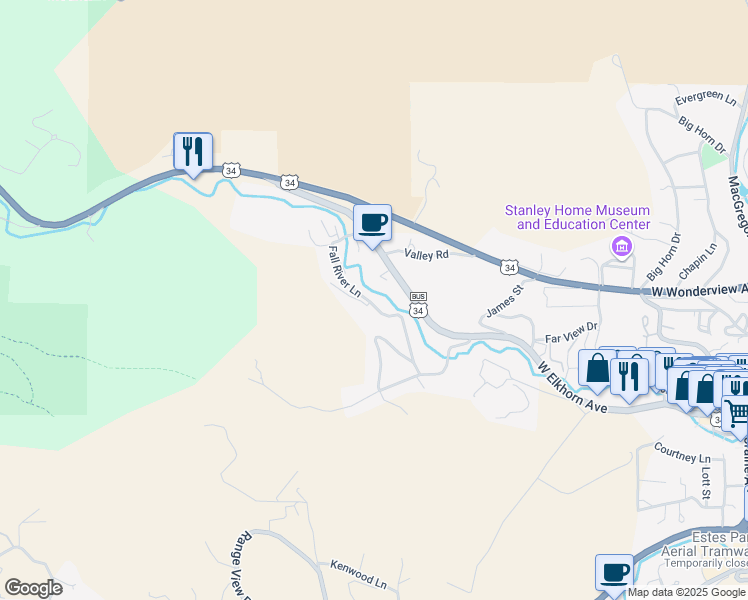 map of restaurants, bars, coffee shops, grocery stores, and more near 350 Fall River Lane in Estes Park