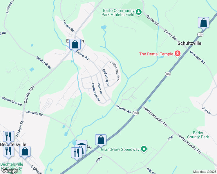 map of restaurants, bars, coffee shops, grocery stores, and more near 31 Eagles Watch North in Bechtelsville