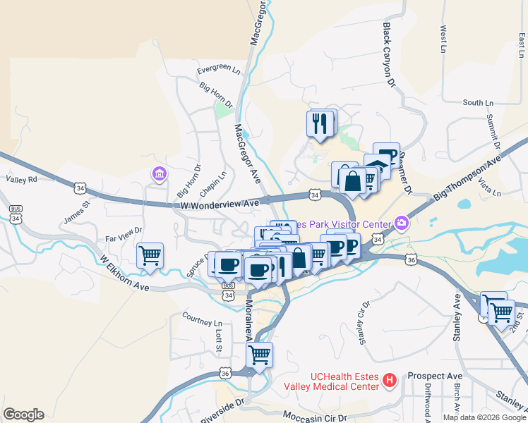 map of restaurants, bars, coffee shops, grocery stores, and more near 377 Macgregor Avenue in Estes Park