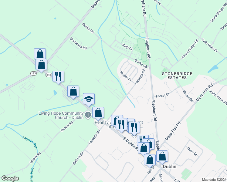 map of restaurants, bars, coffee shops, grocery stores, and more near Braden Court in Perkasie