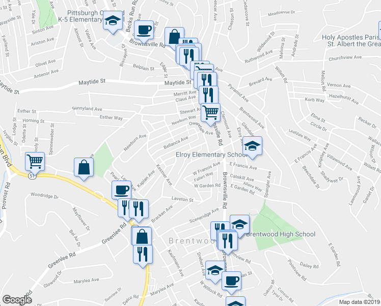 map of restaurants, bars, coffee shops, grocery stores, and more near 55 Greenlee Road in Pittsburgh