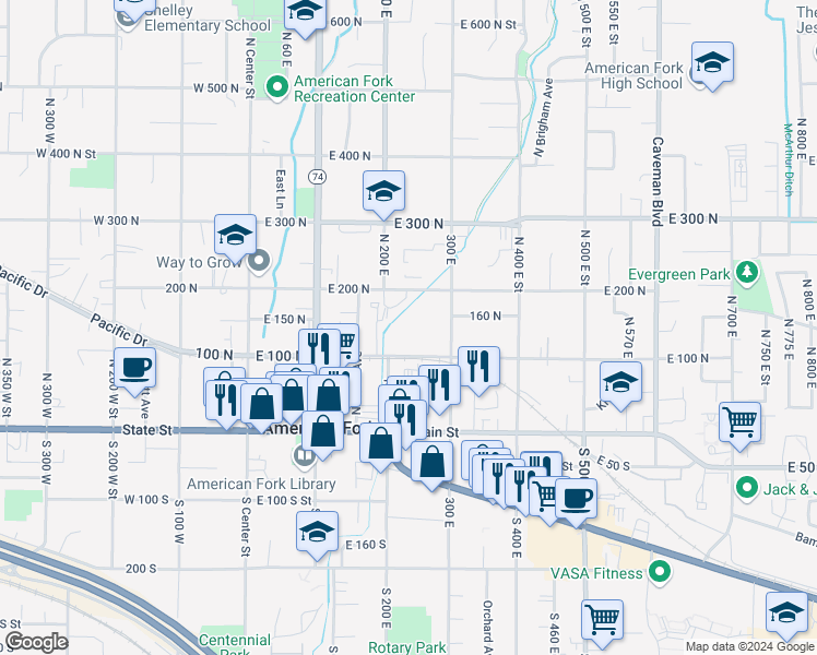 map of restaurants, bars, coffee shops, grocery stores, and more near 120 North 200 East in American Fork