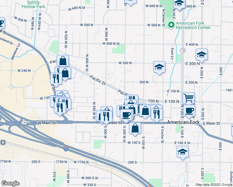 map of restaurants, bars, coffee shops, grocery stores, and more near 249 Pacific Drive in American Fork