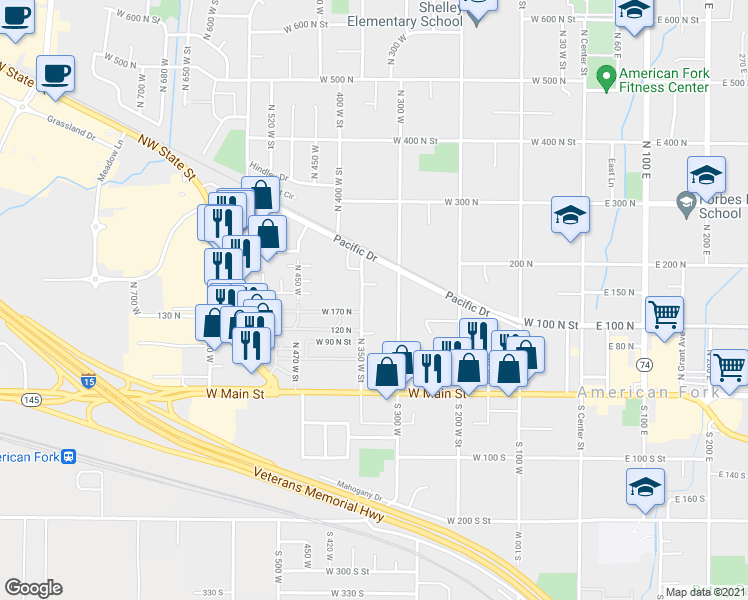 map of restaurants, bars, coffee shops, grocery stores, and more near 159 North 300 West in American Fork