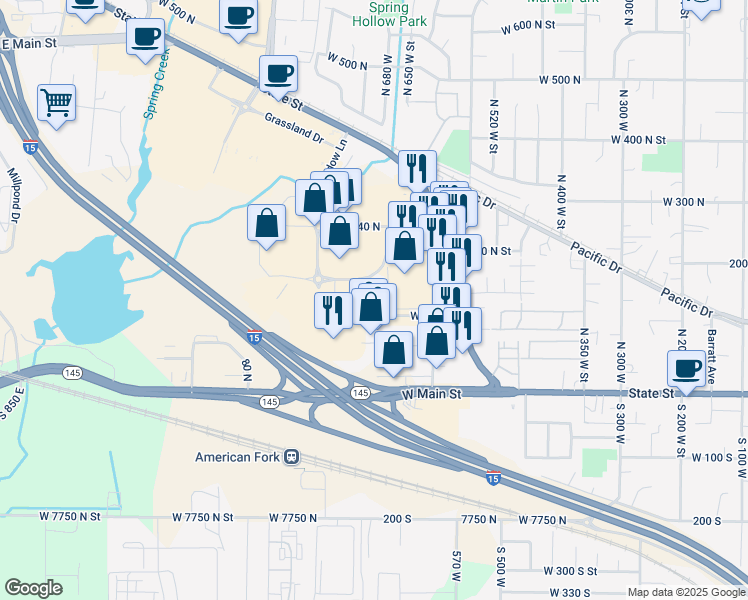 map of restaurants, bars, coffee shops, grocery stores, and more near 697 Pacific Drive in American Fork