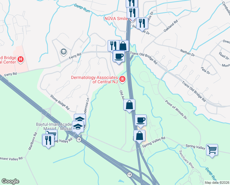 map of restaurants, bars, coffee shops, grocery stores, and more near 3590 U.S. 9 in Old Bridge