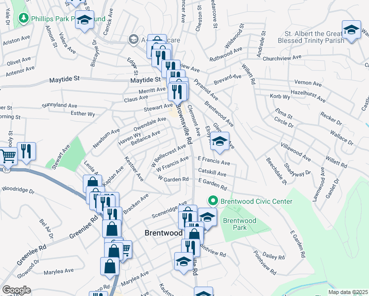 map of restaurants, bars, coffee shops, grocery stores, and more near 3109 Brownsville Road in Pittsburgh