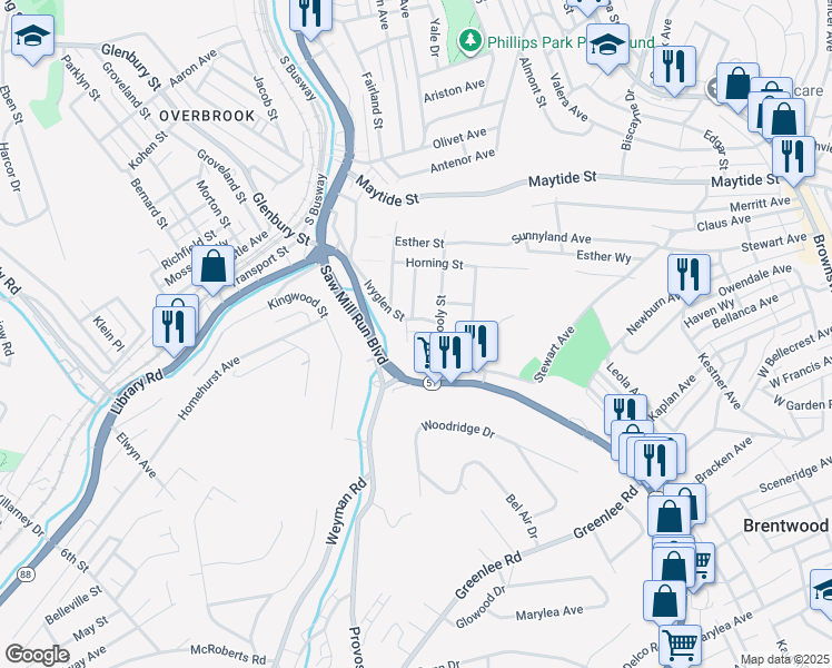 map of restaurants, bars, coffee shops, grocery stores, and more near 2644 Ivyglen Street in Pittsburgh