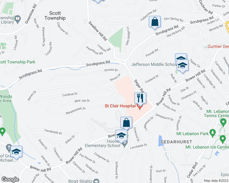map of restaurants, bars, coffee shops, grocery stores, and more near 136 North Wren Drive in Pittsburgh