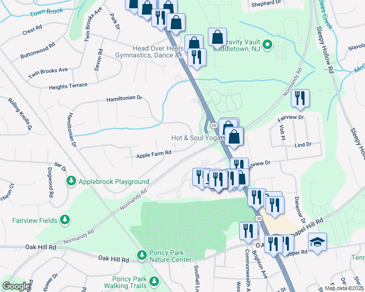 map of restaurants, bars, coffee shops, grocery stores, and more near 3 Apple Farm Rd in Red Bank