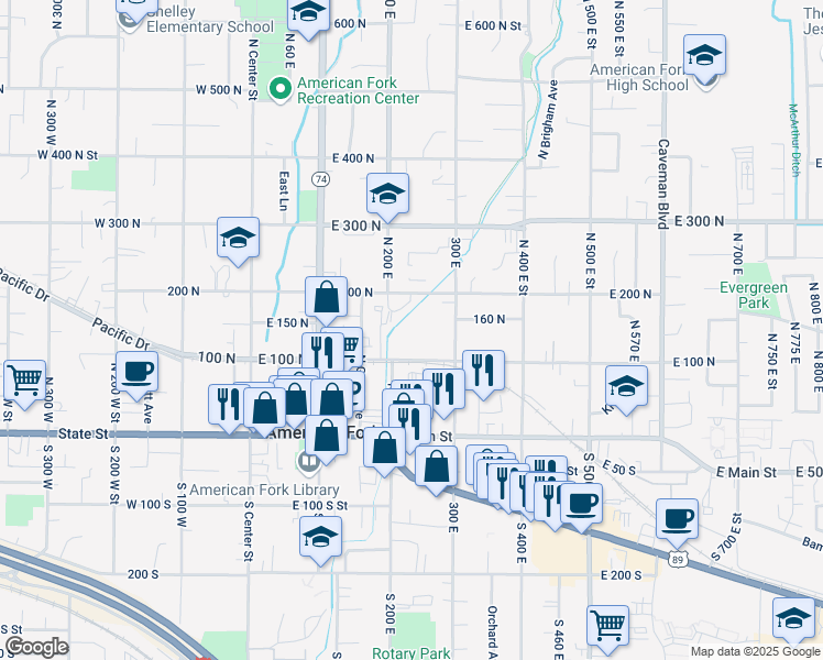 map of restaurants, bars, coffee shops, grocery stores, and more near 120 North 200 East in American Fork