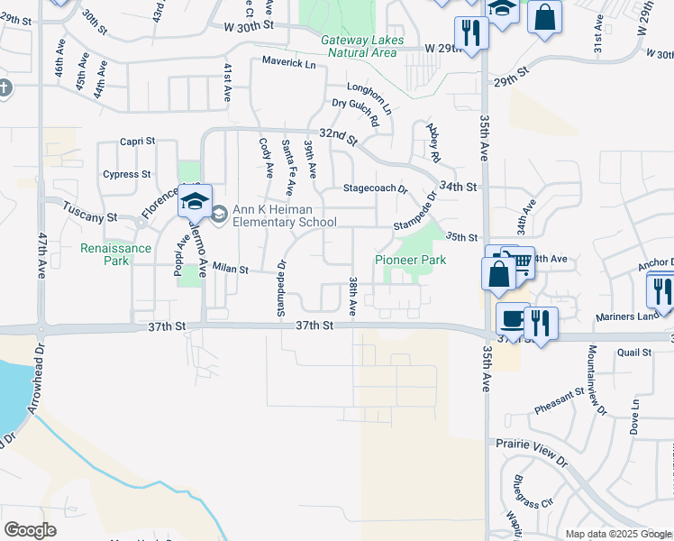 map of restaurants, bars, coffee shops, grocery stores, and more near 3808 Galena Lane in Evans