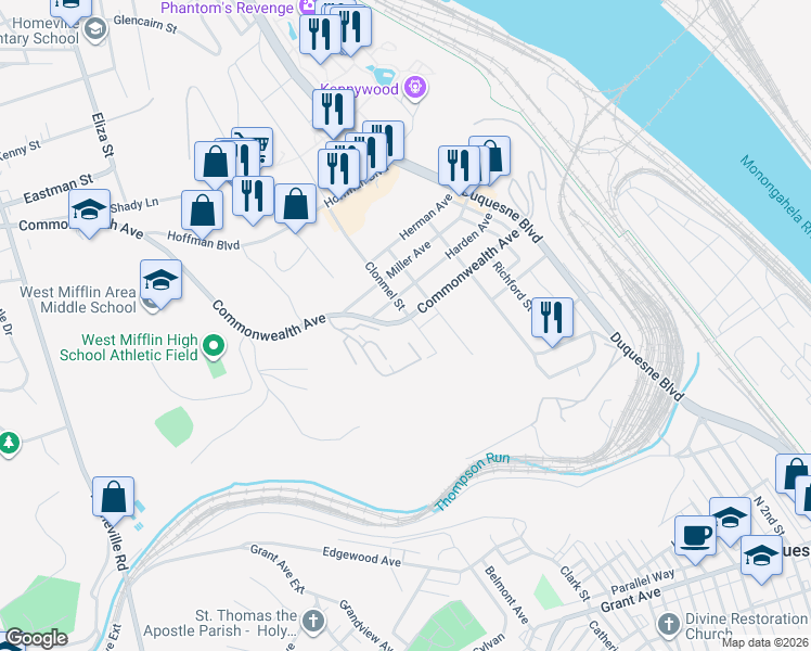 map of restaurants, bars, coffee shops, grocery stores, and more near 317 Commonwealth Avenue in Duquesne