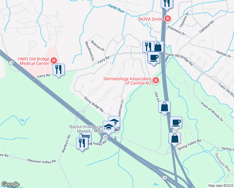 map of restaurants, bars, coffee shops, grocery stores, and more near 10 Ponderosa Lane in Old Bridge