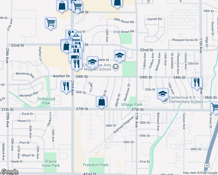 map of restaurants, bars, coffee shops, grocery stores, and more near 3502 Marigold Street in Evans