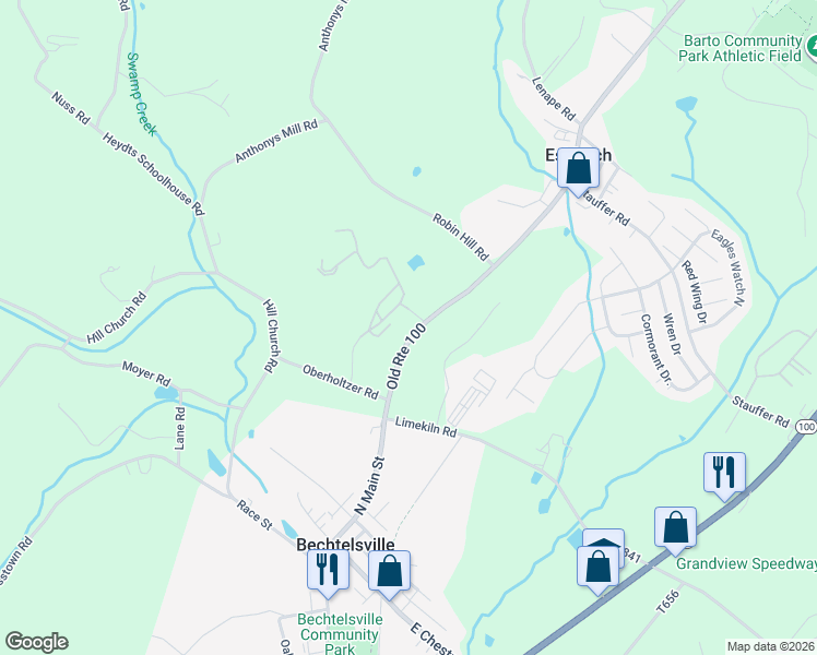 map of restaurants, bars, coffee shops, grocery stores, and more near 2034 Old Route 100 in Bechtelsville