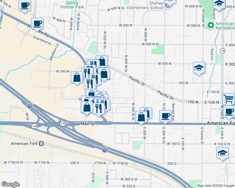 map of restaurants, bars, coffee shops, grocery stores, and more near 138 North 450 West in American Fork