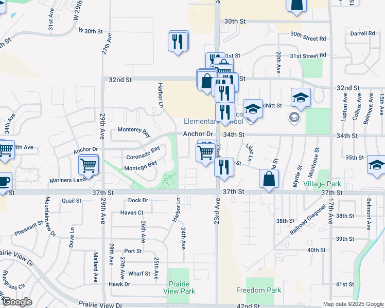 map of restaurants, bars, coffee shops, grocery stores, and more near 3426 Cove Way in Evans