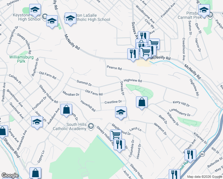 map of restaurants, bars, coffee shops, grocery stores, and more near 541 Old Farm Road in Pittsburgh