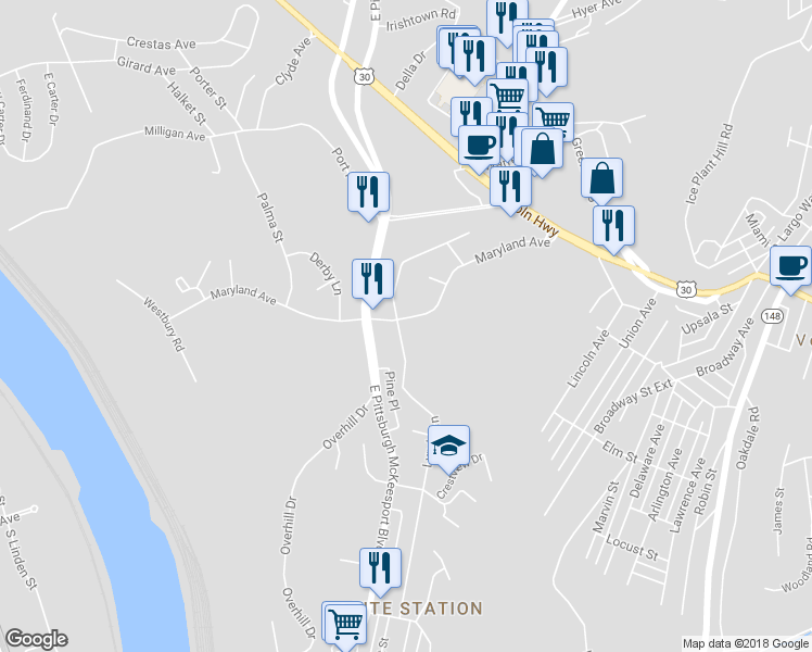 map of restaurants, bars, coffee shops, grocery stores, and more near 848 Lynda Lane in North Versailles