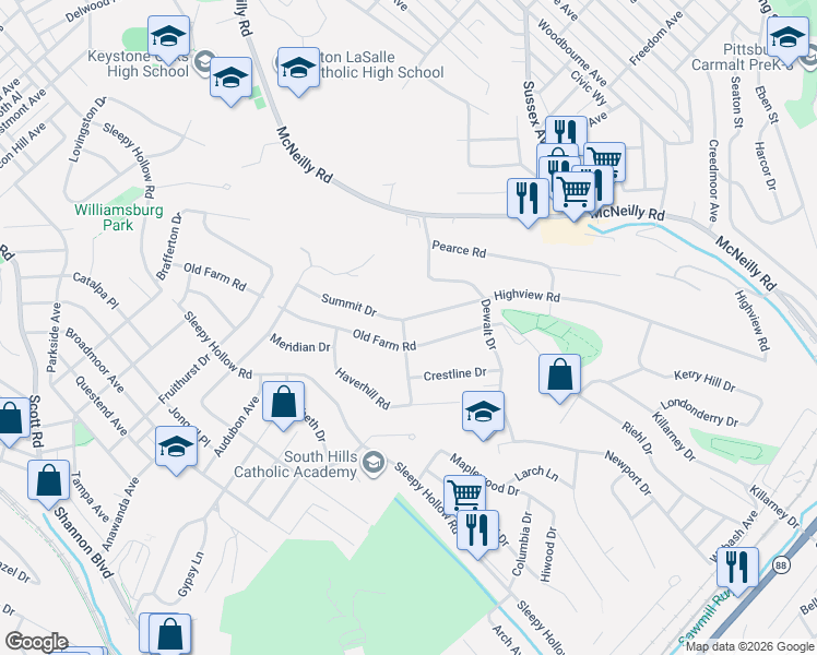 map of restaurants, bars, coffee shops, grocery stores, and more near 500 Highview Road in Pittsburgh