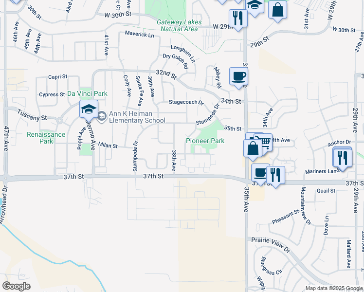 map of restaurants, bars, coffee shops, grocery stores, and more near 3533 Powderkeg Drive in Evans