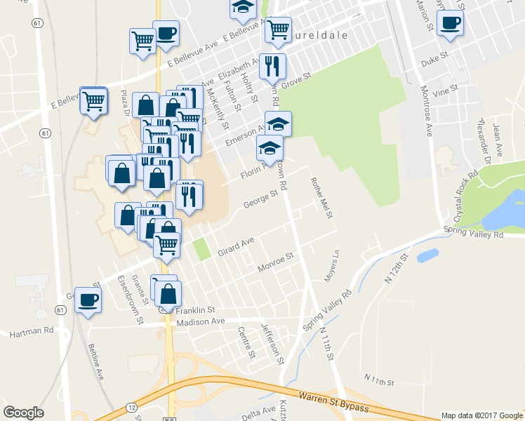map of restaurants, bars, coffee shops, grocery stores, and more near 3000 Kutztown Road in Reading