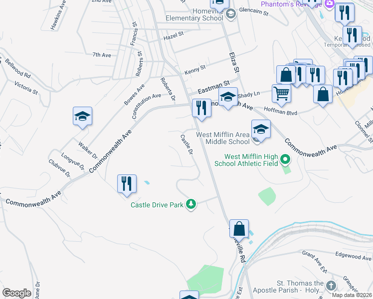 map of restaurants, bars, coffee shops, grocery stores, and more near 142 Castle Dr in West Mifflin