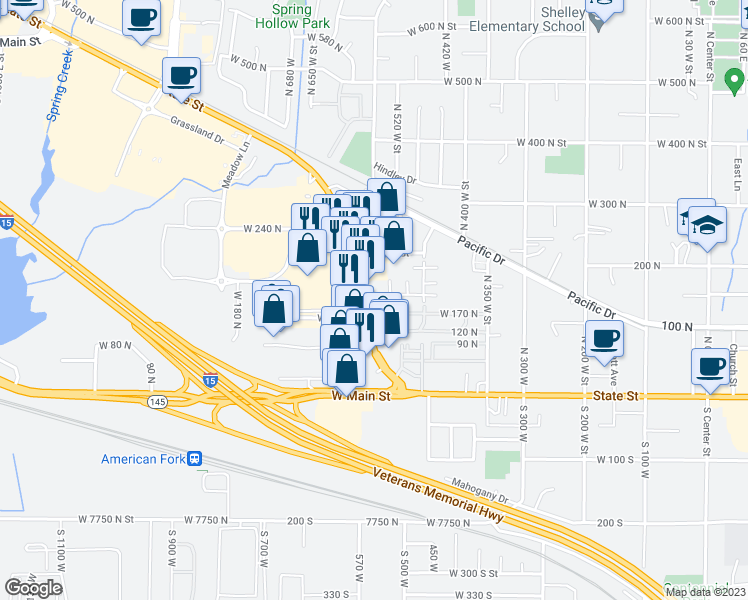 map of restaurants, bars, coffee shops, grocery stores, and more near 142 U.S. 89 in American Fork