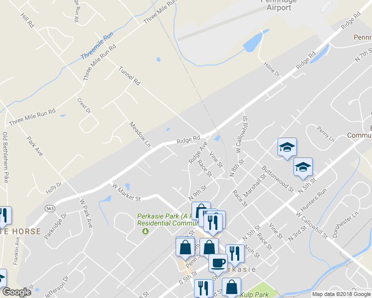 map of restaurants, bars, coffee shops, grocery stores, and more near 237A Ridge Avenue in Perkasie