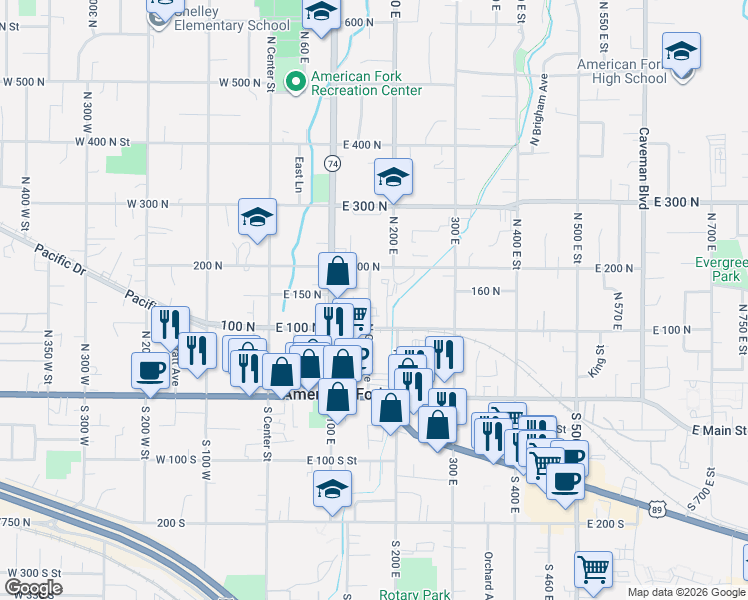 map of restaurants, bars, coffee shops, grocery stores, and more near 146 North Grant Avenue in American Fork