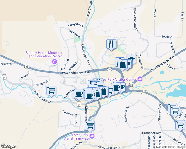map of restaurants, bars, coffee shops, grocery stores, and more near 377 Macgregor Avenue in Estes Park