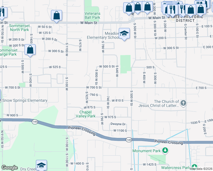map of restaurants, bars, coffee shops, grocery stores, and more near 750 West 700 South in Lehi